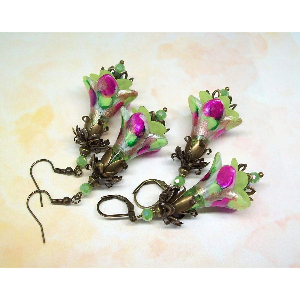 Vintage Style Art Nouveau Earrings, Antique Bronze, Hand painted, Artisan Crafte